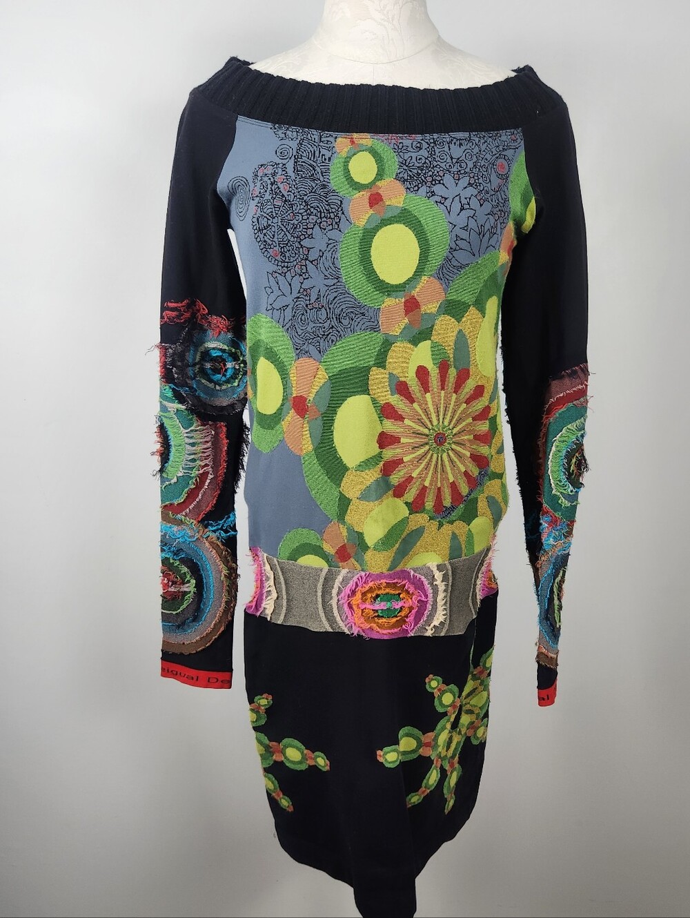 Desigual Mixed Media Long Sleeve Stretch Dress Sz M Artsy Art To Wear Grunge Y2K - Picture 2 of 15